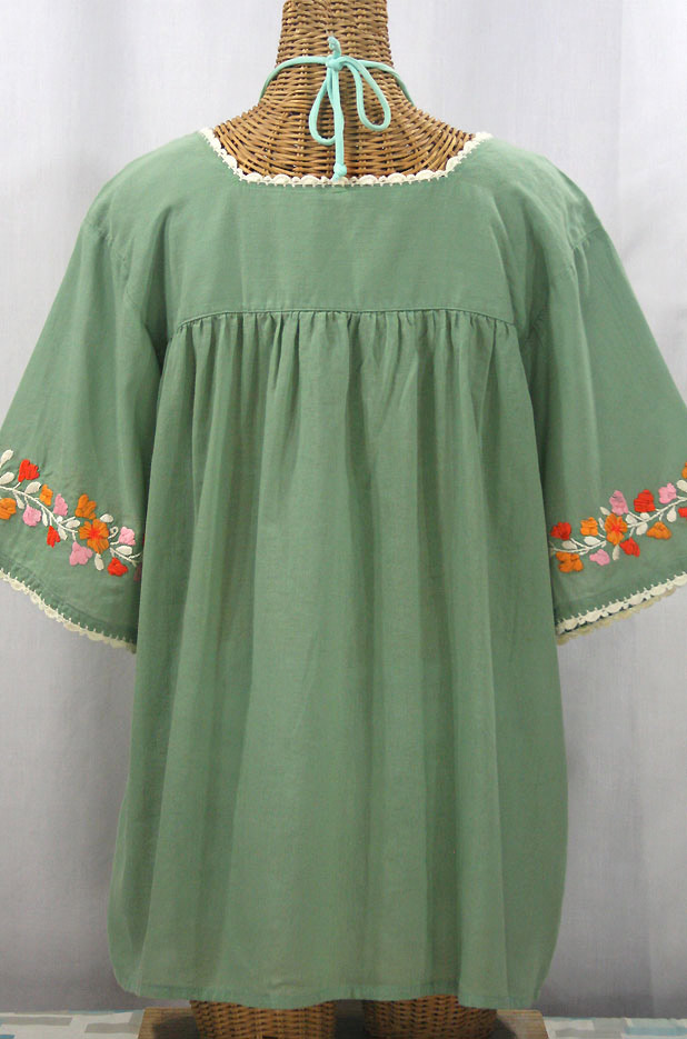 "La Marina" Embroidered Mexican Peasant Blouse - Sage Green + Orange Mix Embroidery