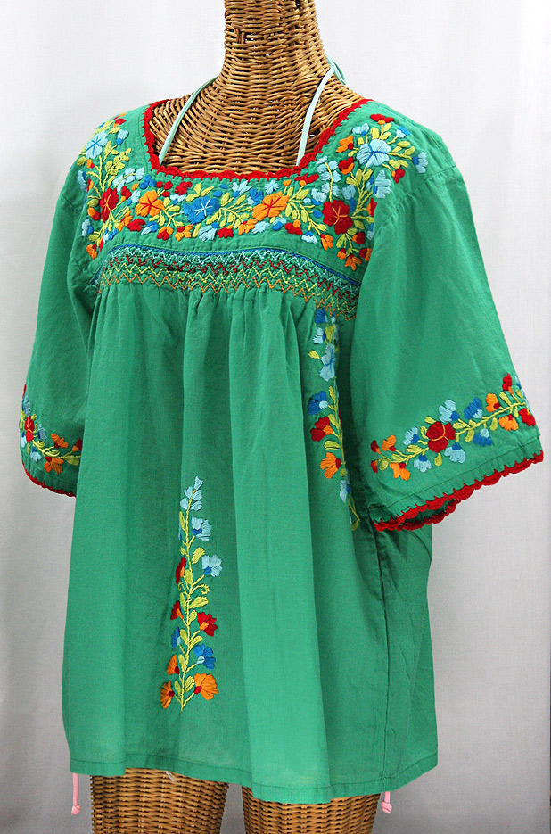 "La Marina" Embroidered Mexican Peasant Blouse -Green + Spring Multi