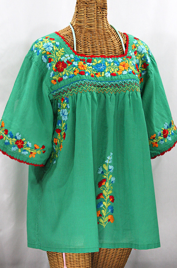 "La Marina" Embroidered Mexican Peasant Blouse -Green + Spring Multi