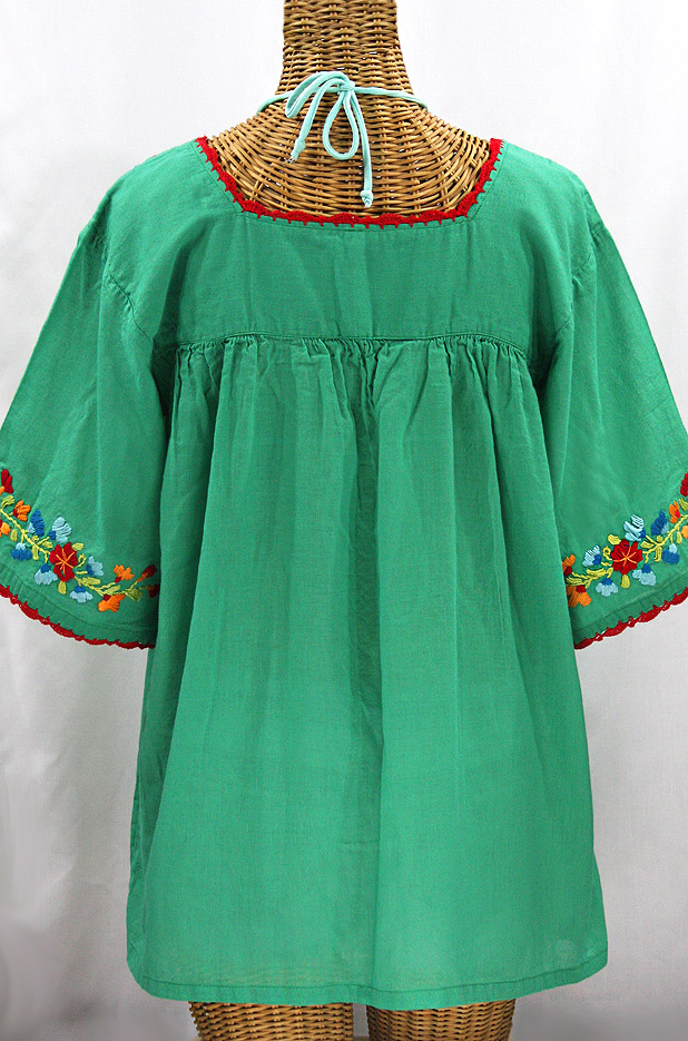 "La Marina" Embroidered Mexican Peasant Blouse -Green + Spring Multi