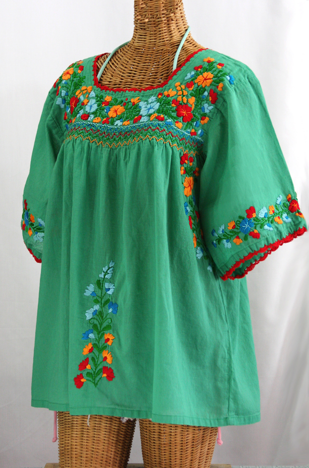 "La Marina" Embroidered Mexican Peasant Blouse -Green + Fiesta