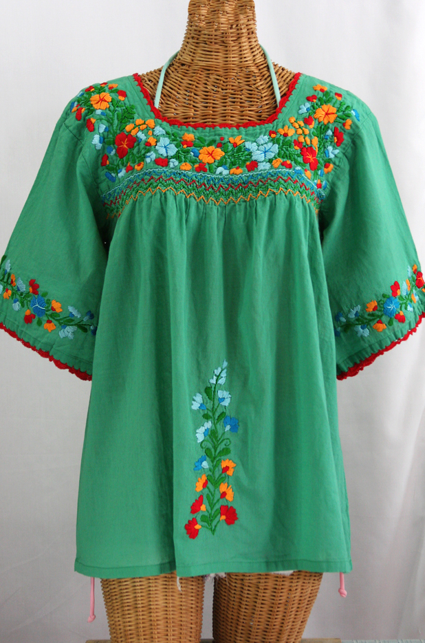 "La Marina" Embroidered Mexican Peasant Blouse -Green + Fiesta