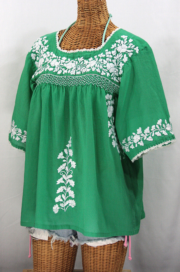 "La Marina" Embroidered Mexican Blouse -Green + White Embroidery