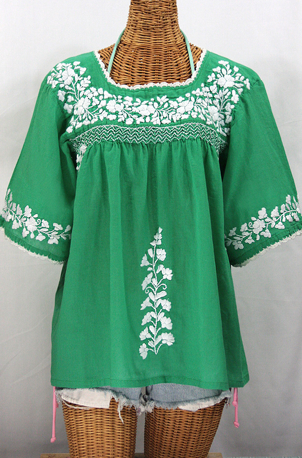 "La Marina" Embroidered Mexican Blouse -Green + White Embroidery