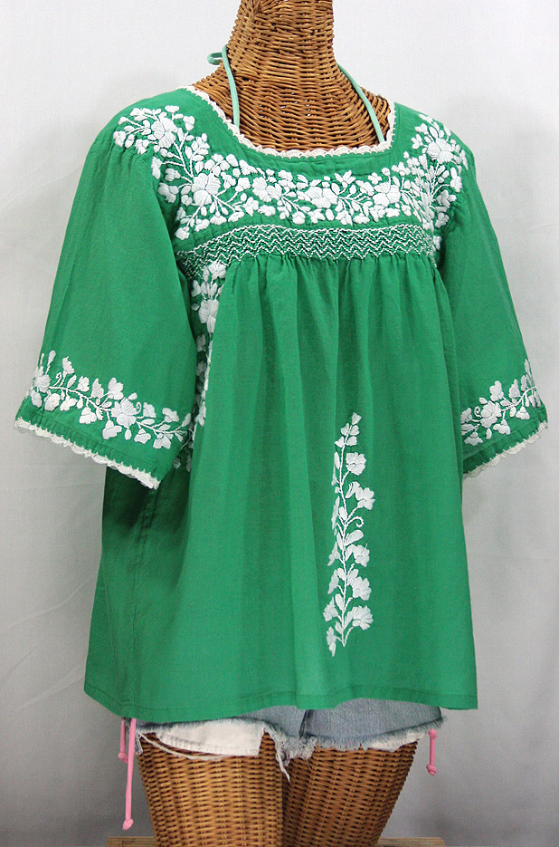 "La Marina" Embroidered Mexican Blouse -Green + White Embroidery