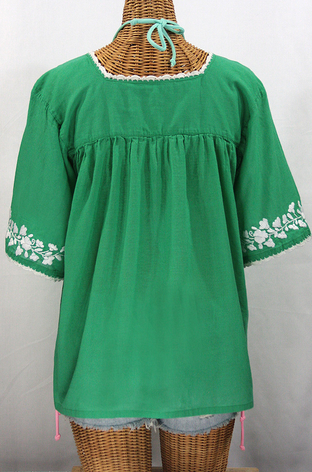 "La Marina" Embroidered Mexican Blouse -Green + White Embroidery