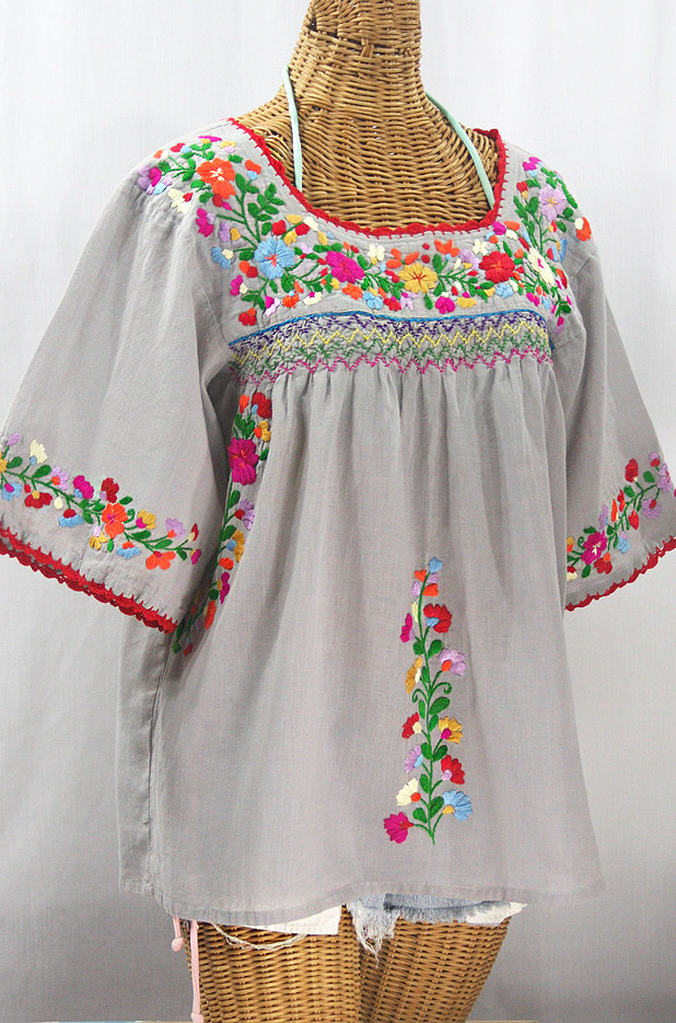 "La Marina" Embroidered Mexican Peasant Blouse - Grey + Jewel Tone Embroidery