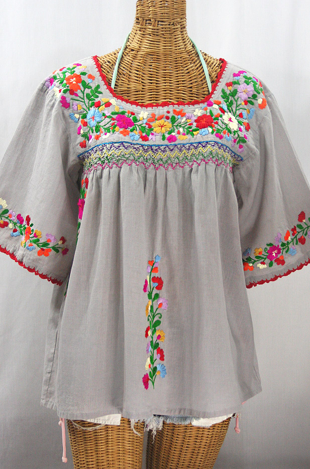"La Marina" Embroidered Mexican Peasant Blouse - Grey + Jewel Tone Embroidery