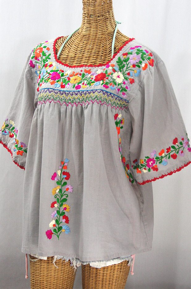 "La Marina" Embroidered Mexican Peasant Blouse - Grey + Jewel Tone Embroidery