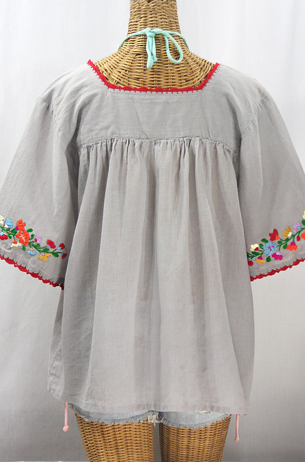 "La Marina" Embroidered Mexican Peasant Blouse - Grey + Jewel Tone Embroidery