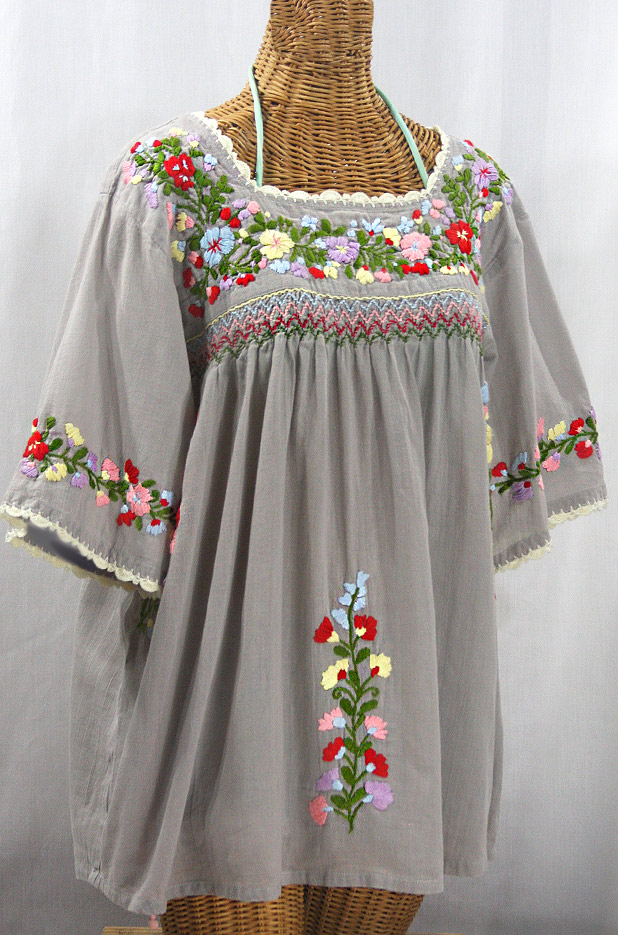 "La Marina" Embroidered Mexican Peasant Blouse -Grey + Multi + Ivory Trim