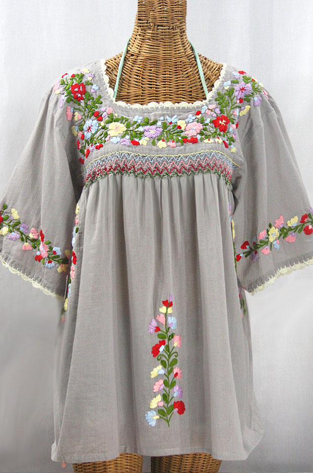 "La Marina" Embroidered Mexican Peasant Blouse -Grey + Multi + Ivory Trim