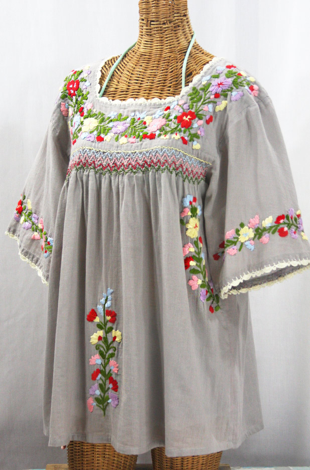 "La Marina" Embroidered Mexican Peasant Blouse -Grey + Multi + Ivory Trim