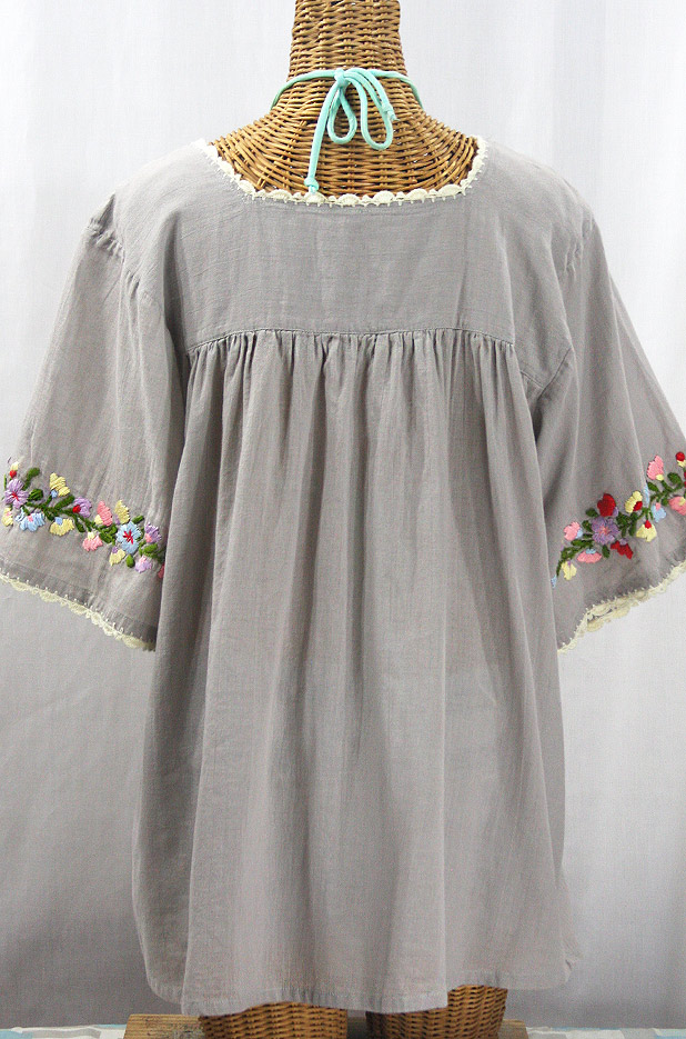 "La Marina" Embroidered Mexican Peasant Blouse -Grey + Multi + Ivory Trim