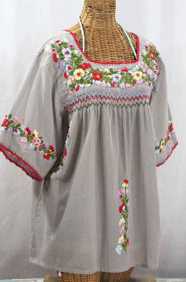 "La Marina" Embroidered Mexican Peasant Blouse -Grey + Multi + Red Trim