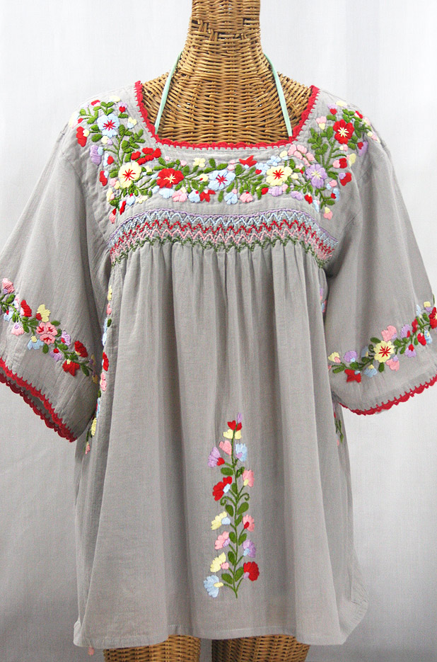 "La Marina" Embroidered Mexican Peasant Blouse -Grey + Multi + Red Trim