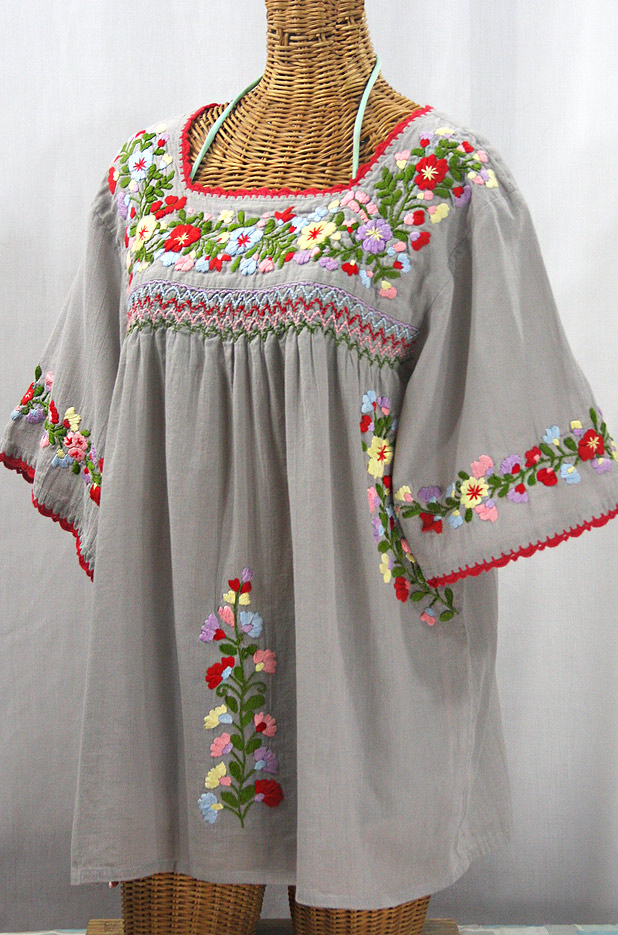 "La Marina" Embroidered Mexican Peasant Blouse -Grey + Multi + Red Trim