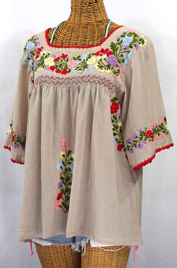 "La Marina" Embroidered Mexican Peasant Blouse -Greige