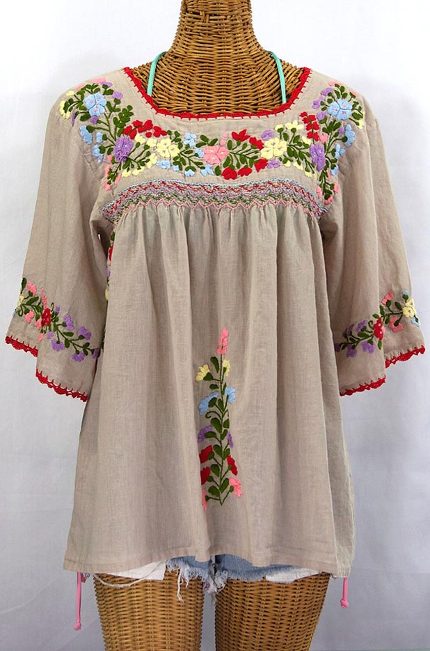 "La Marina" Embroidered Mexican Peasant Blouse -Greige