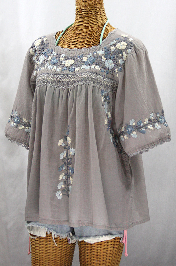 "La Marina" Embroidered Mexican Style Peasant Top -Gray + Gray Mix