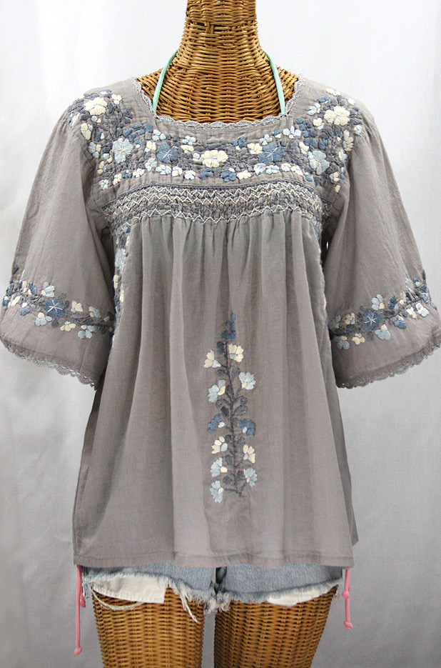 "La Marina" Embroidered Mexican Style Peasant Top -Shades of Grey
