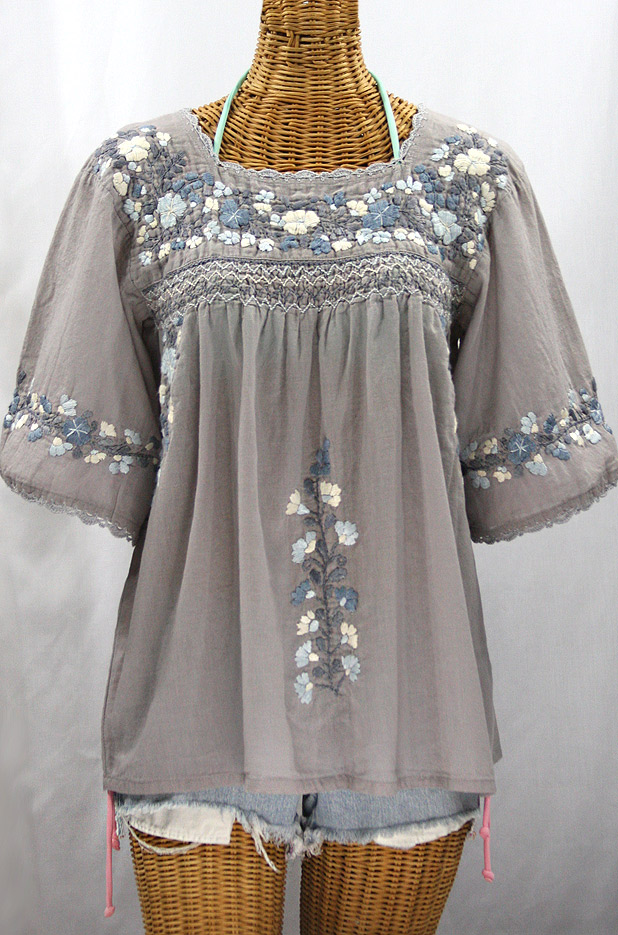 "La Marina" Embroidered Mexican Style Peasant Top -Gray + Gray Mix