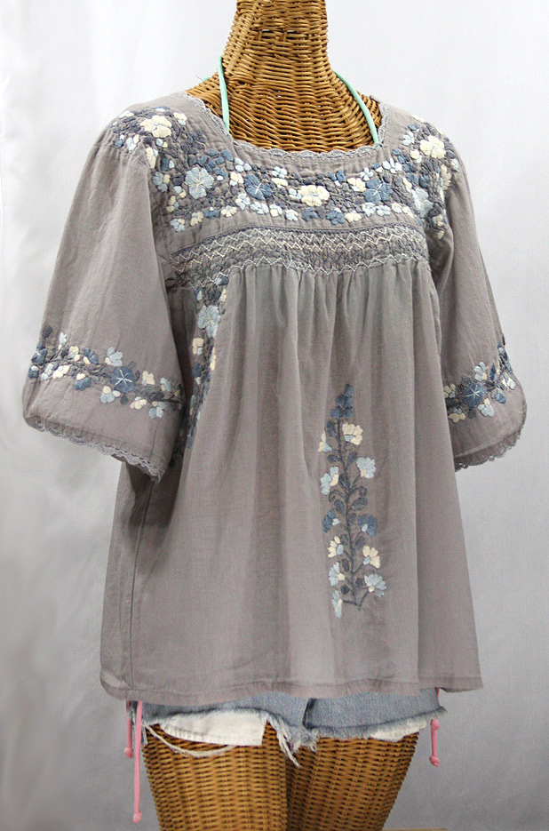 "La Marina" Embroidered Mexican Style Peasant Top -Gray + Gray Mix