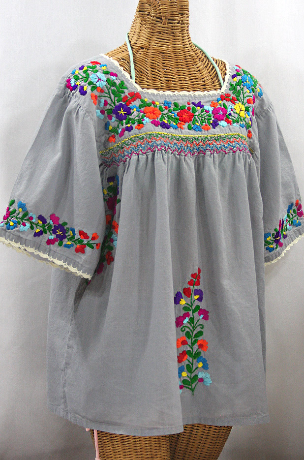 "La Marina" Embroidered Mexican Peasant Blouse - Grey + Rainbow Embroidery