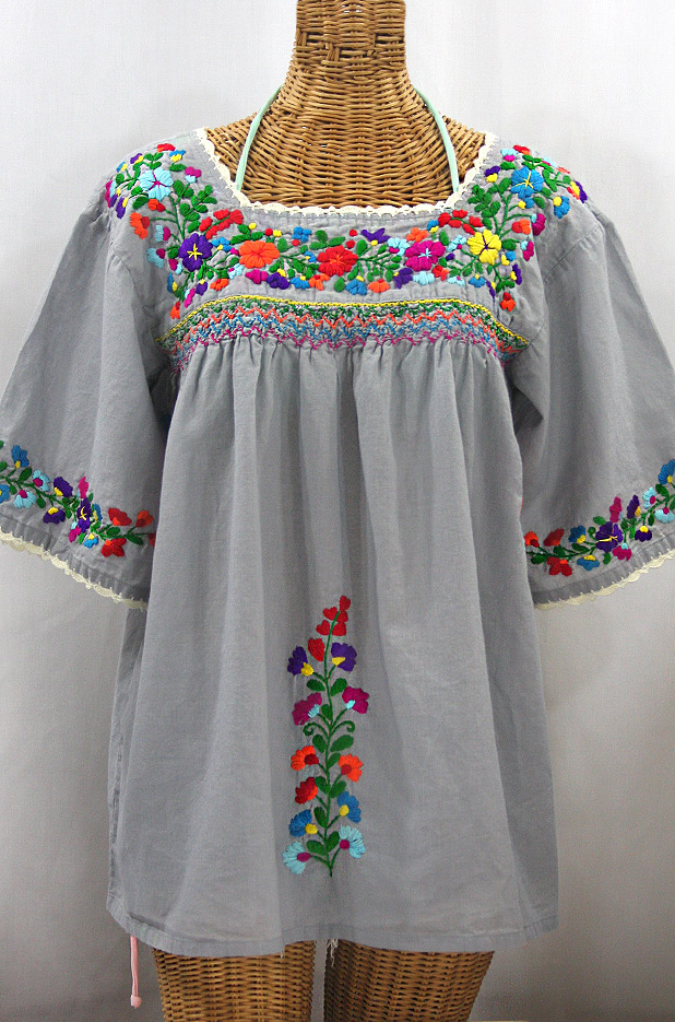 "La Marina" Embroidered Mexican Peasant Blouse - Grey + Rainbow Embroidery