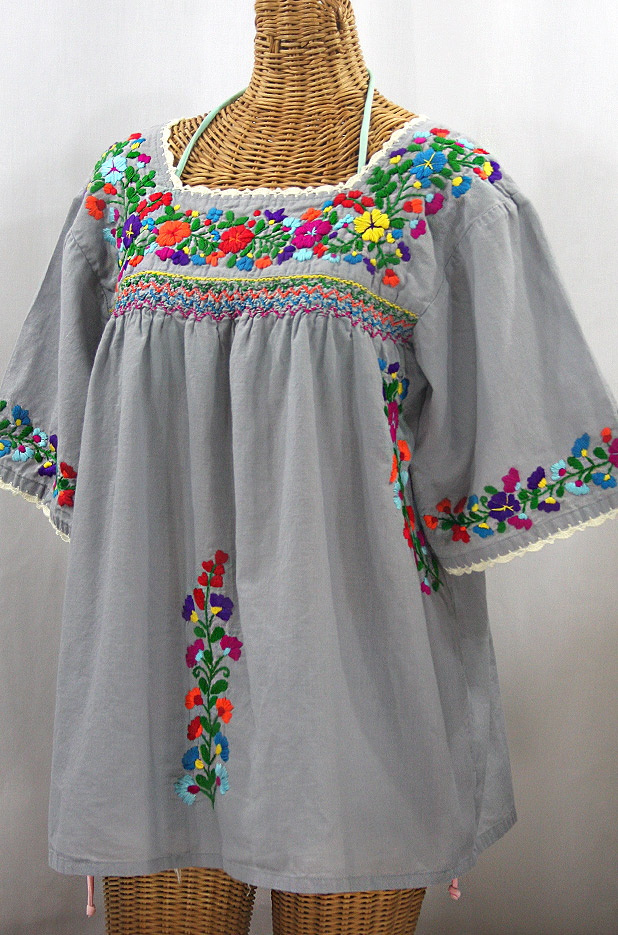 "La Marina" Embroidered Mexican Peasant Blouse - Grey + Rainbow Embroidery