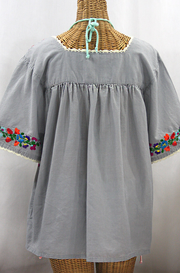 "La Marina" Embroidered Mexican Peasant Blouse - Grey + Rainbow Embroidery
