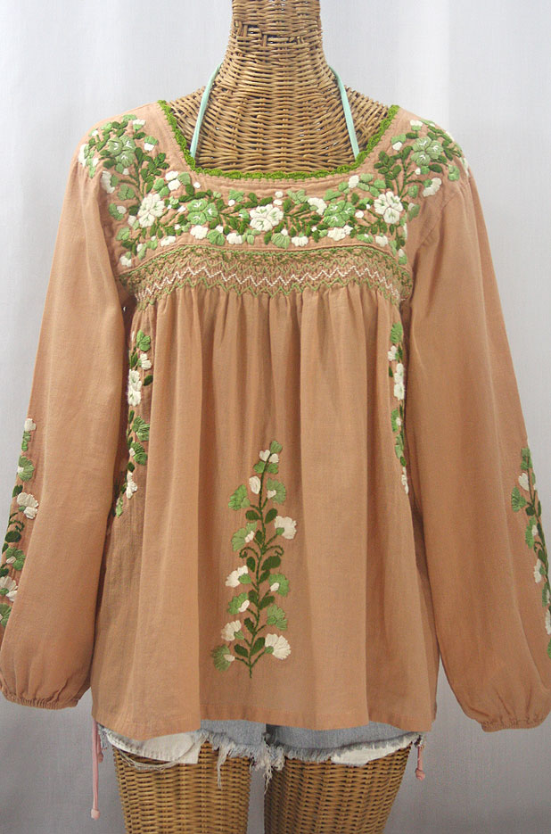 "La Marina Larga" Embroidered Long Sleeve Peasant Blouse - Dusty Melon + Green Mix