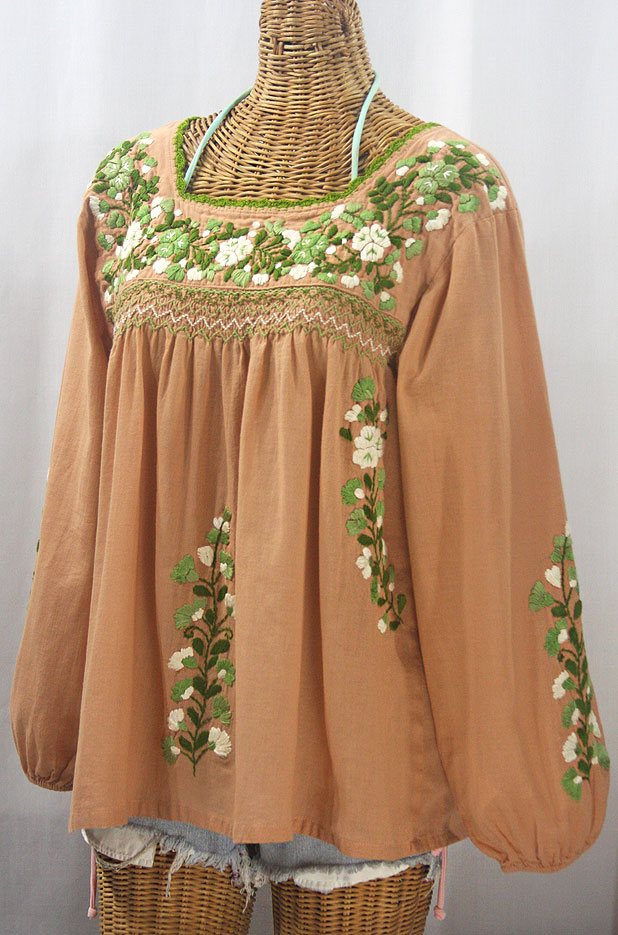 "La Marina Larga" Embroidered Long Sleeve Peasant Blouse - Dusty Melon + Green Mix