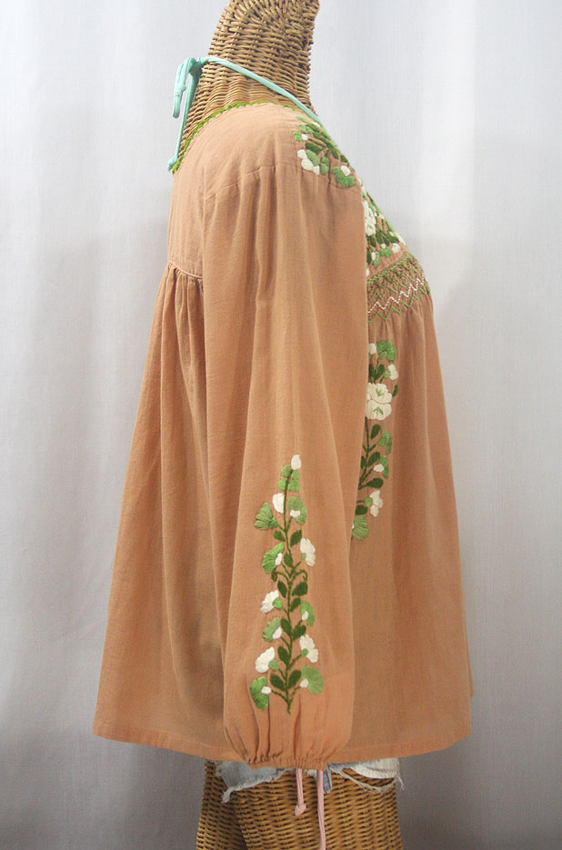 "La Marina Larga" Embroidered Long Sleeve Peasant Blouse - Dusty Melon + Green Mix