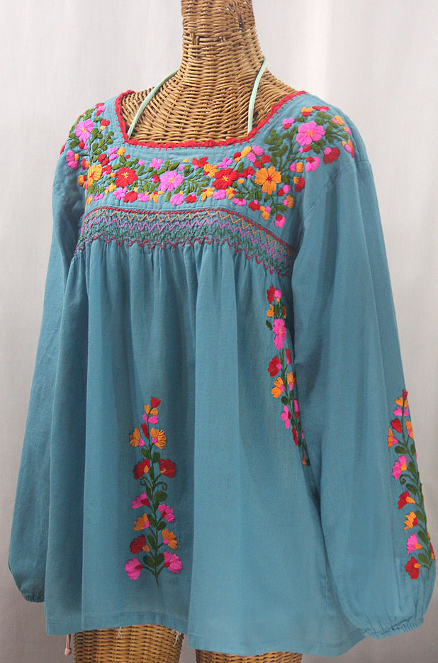 "La Marina Larga" Embroidered Long Sleeve Peasant Blouse - Pool + Bright Multi