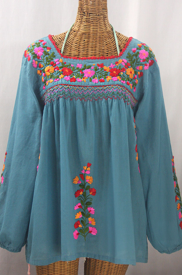 "La Marina Larga" Embroidered Long Sleeve Peasant Blouse - Pool + Bright Multi