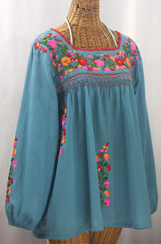 "La Marina Larga" Embroidered Long Sleeve Peasant Blouse - Pool + Bright Multi