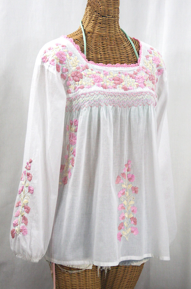 "La Marina Larga" Embroidered Long Sleeve Peasant Blouse - White + Pink Mix