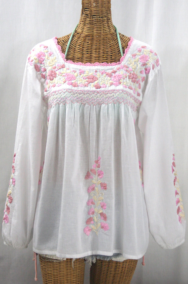 "La Marina Larga" Embroidered Long Sleeve Peasant Blouse - White + Pink Mix