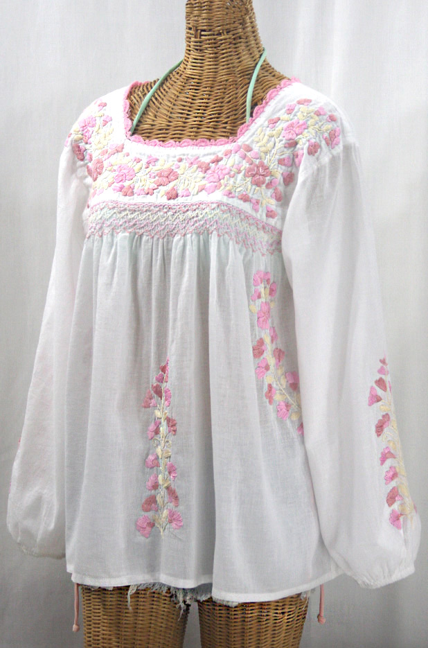 "La Marina Larga" Embroidered Long Sleeve Peasant Blouse - White + Pink Mix
