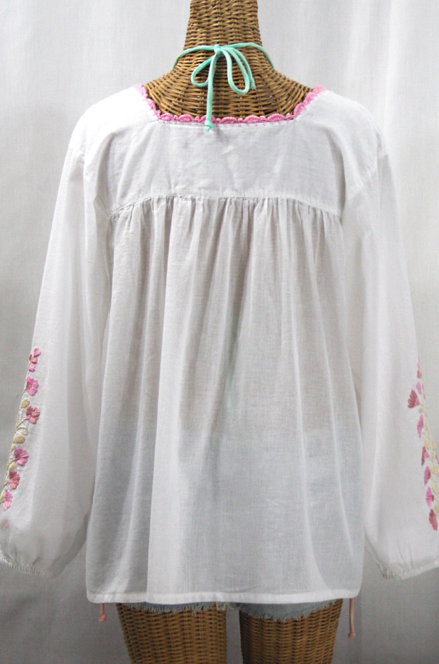 "La Marina Larga" Embroidered Long Sleeve Peasant Blouse - White + Pink Mix