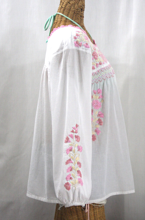 "La Marina Larga" Embroidered Long Sleeve Peasant Blouse - White + Pink Mix