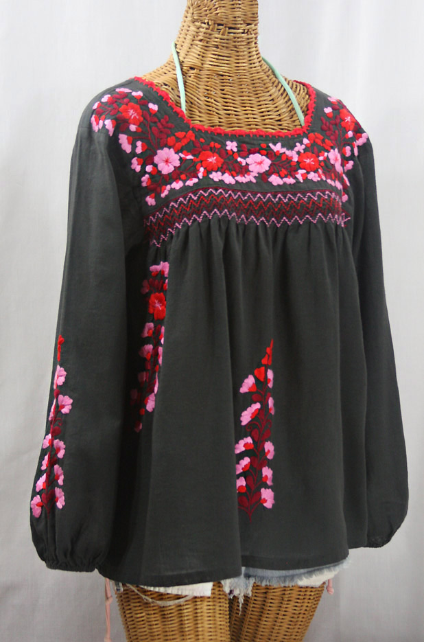 "La Marina Larga" Embroidered Long Sleeve Peasant Blouse - Charcoal + Red Mix