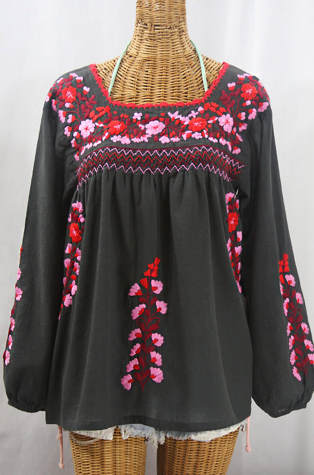 "La Marina Larga" Embroidered Long Sleeve Peasant Blouse - Charcoal + Red Mix