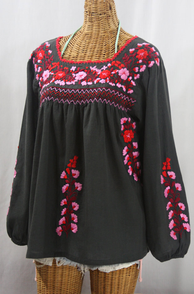 "La Marina Larga" Embroidered Long Sleeve Peasant Blouse - Charcoal + Red Mix