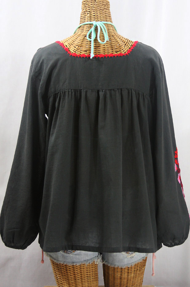 "La Marina Larga" Embroidered Long Sleeve Peasant Blouse - Charcoal + Red Mix