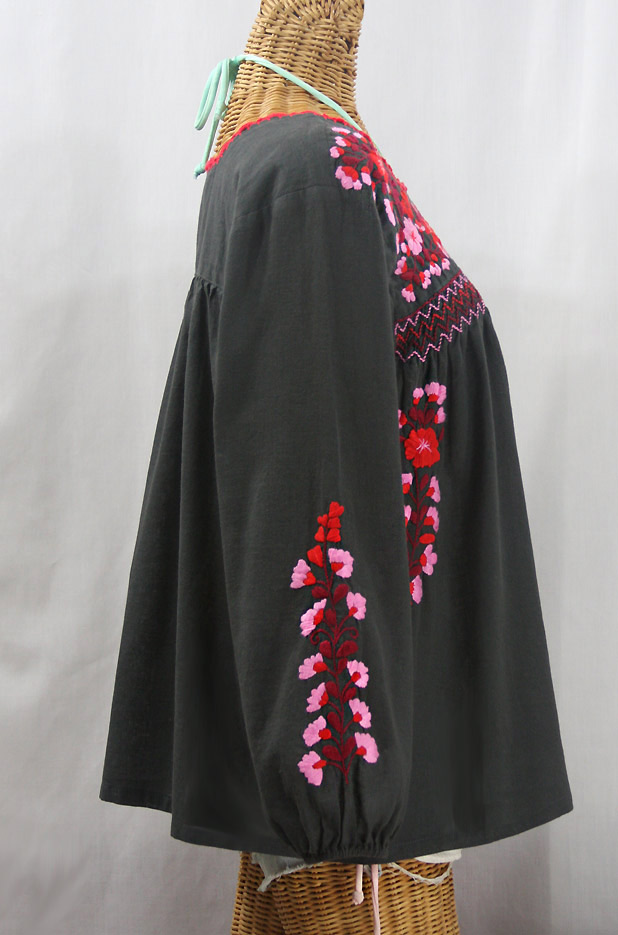 "La Marina Larga" Embroidered Long Sleeve Peasant Blouse - Charcoal + Red Mix