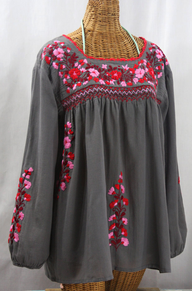 "La Marina Larga" Embroidered Long Sleeve Peasant Blouse - Medium Grey + Red Mix