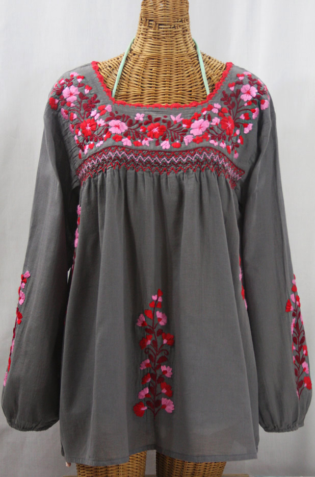 "La Marina Larga" Embroidered Long Sleeve Peasant Blouse - Medium Grey + Red Mix