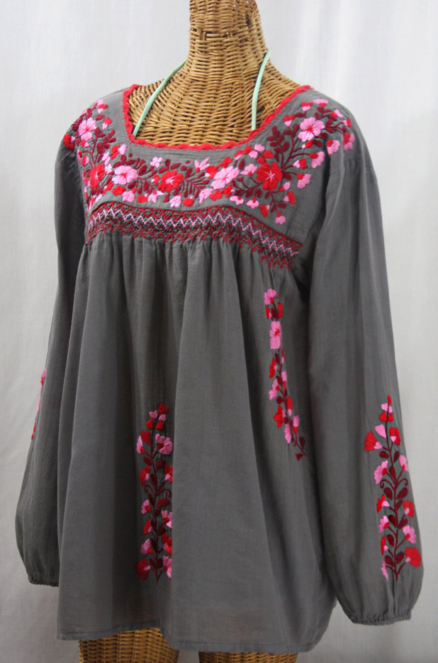 "La Marina Larga" Embroidered Long Sleeve Peasant Blouse - Medium Grey + Red Mix